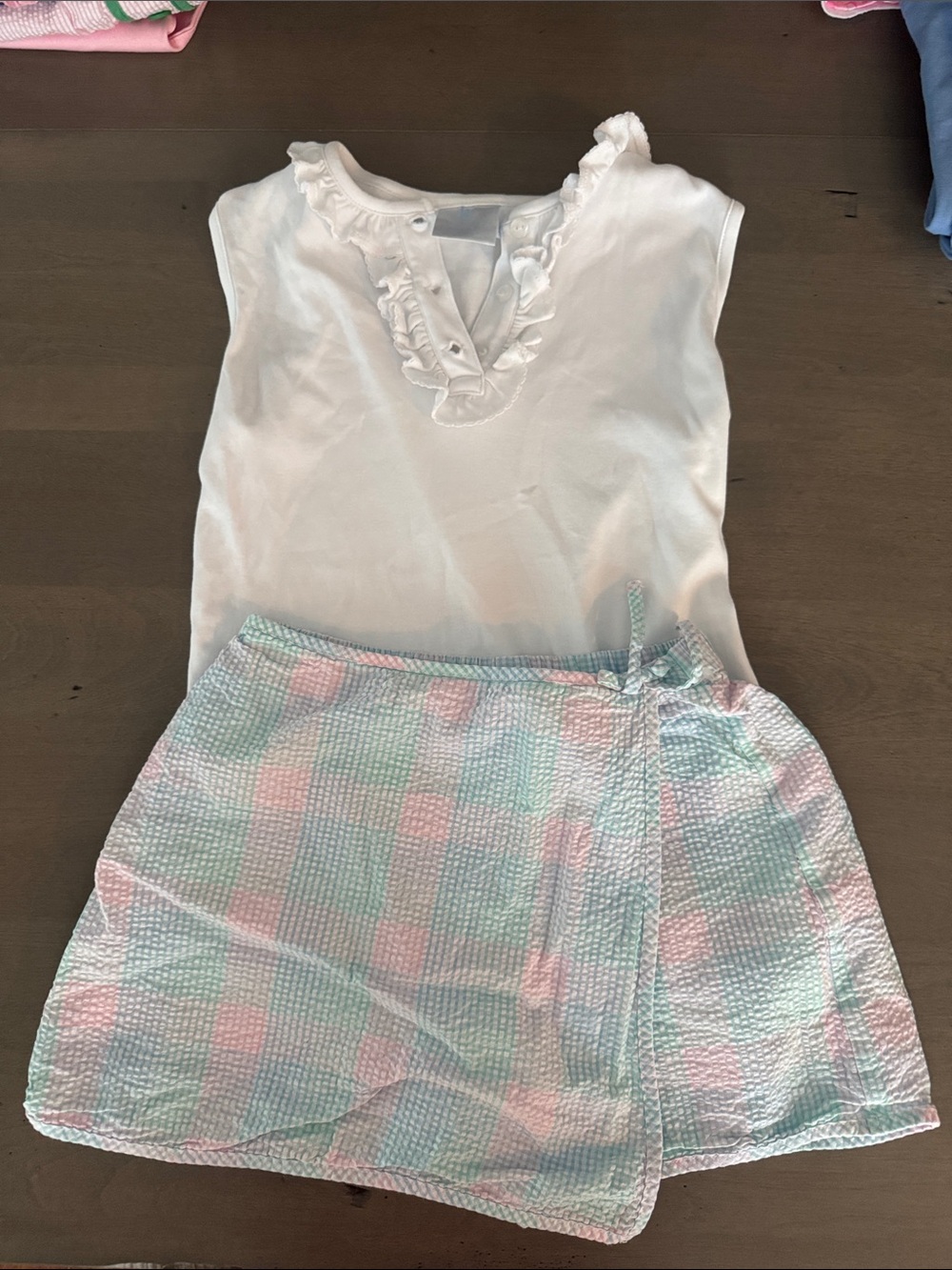 Little English White Ruffled Tank with Pastel Pink & Blue Check Wrap Skirt
